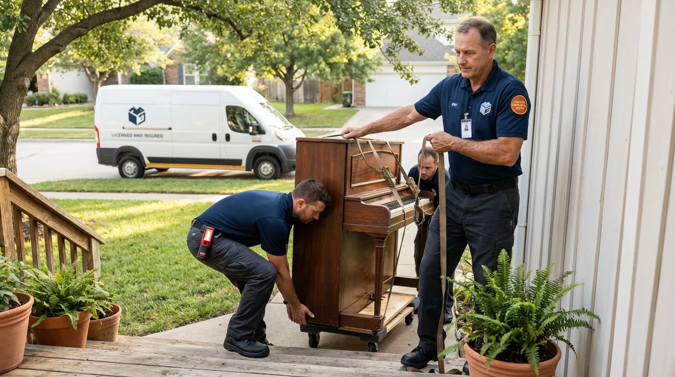 Licensed piano movers securing grand piano in Florence, CO
