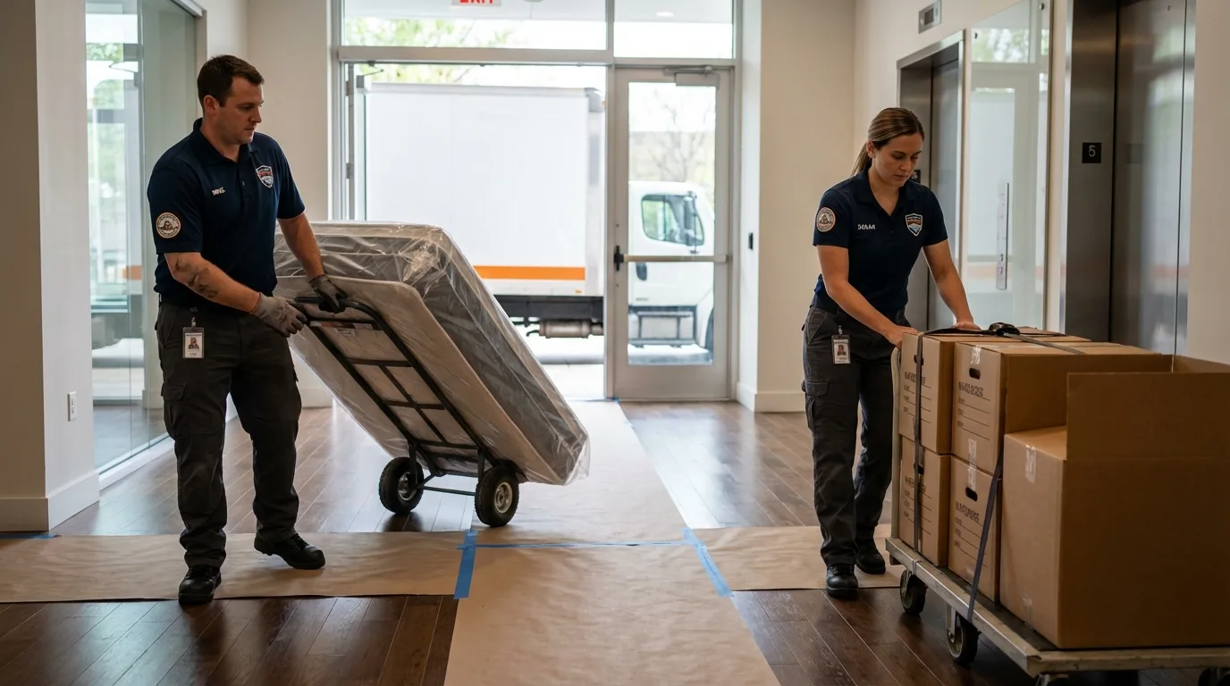 Professional apartment movers loading elevator in Florence, CO
